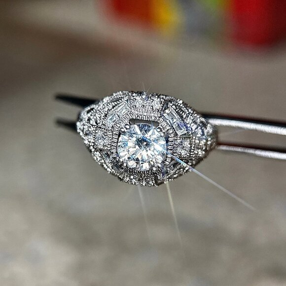 Art Deco Style Round Cut Cz Silver 925 Ring - Picture 3 of 13